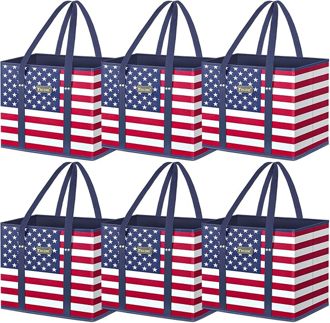 BALEINE 6Pk Reusable Grocery Bags, Foldable Shopping Bags for Groceries with Reinforced Bottom & Handles (Patriot Celebration)