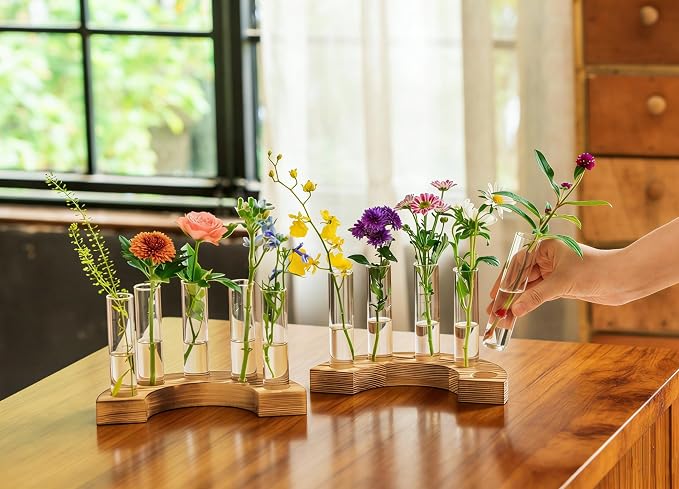 Melphoe Glass Bud Vases Small Flower Vase for Centerpieces Wedding Table Decorations, Home Decor, Propagation Station Plant Terrarium with Wooden Stand, Unique Plant Lover Gifts for Women (Brown)
