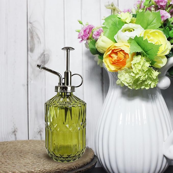 Glass Plant Mister Spray Bottle, 400ML Vintage Plant Spritzer with Top Pump Watering Can for Indoor Outdoor House Plants, Flowers (Green)