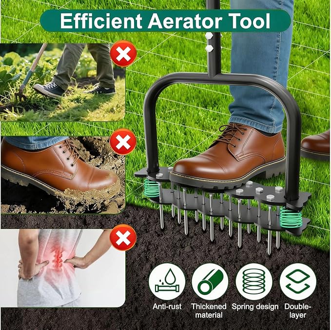 Manual Lawn Aerator Tool with 14 Iron Spikes, Spring‑Loaded Automatic Dirt & Leaf Cleaning, Height Adjustable Metal Yard Aerator for Soil Loosening & Lawn Aeration
