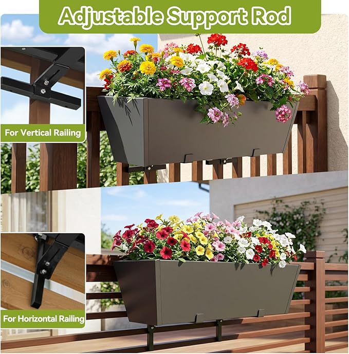 Railing Planter Box 36 Inch - Heavy Duty Metal Window Boxes, Deck Railing Planter Boxes with Adjustable Bracket & Drainage, Hanging Planter for Deck Railing Balcony & Patio