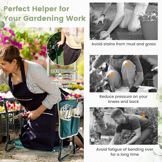 IRONMAX Garden Kneeler and Seat, Heavy Duty Foldable Gardening Bench Stool w/Soft Foam Pad & Tool Storage Bag for Kneeling & Sitting, Gardening Gifts for Women Men