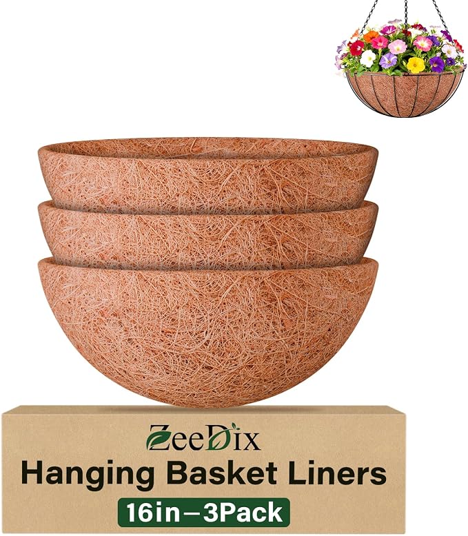 ZeeDix 16 Inch Coco Liners for Hanging Baskets, 3 Pack Round Coco Liner 100% Natural Coco Fiber Coconut Liners for Planters Flowers Vegetables