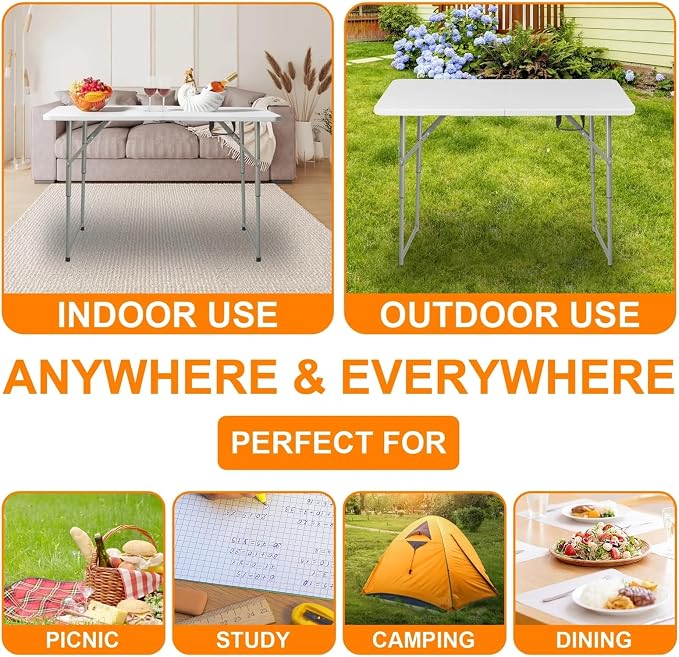 FoldingTable 4 Foot Portable Heavy Duty Plastic Table and Adjustable Height Folding with Carrying Handle,Indoor Outdoor with Kids Table, Picnic,Party,Camping White