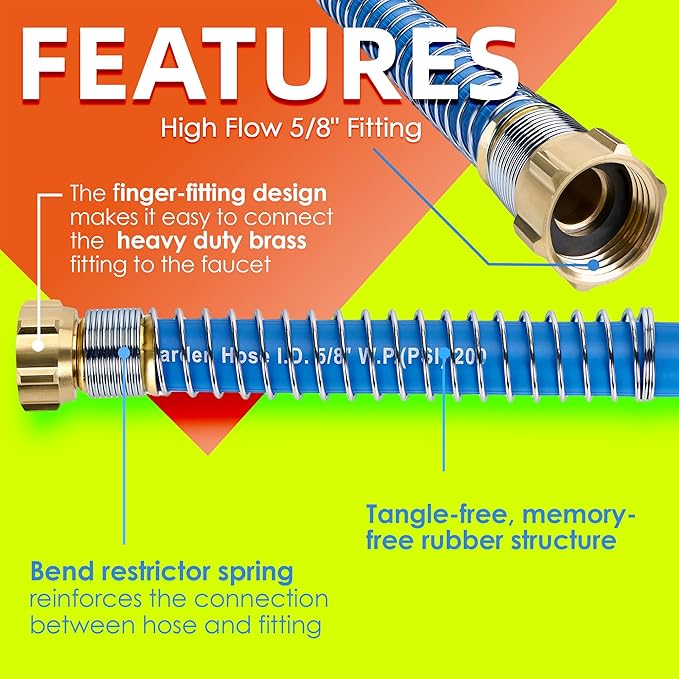 5/8 IN. × 75FT. Heavy Duty Rubber Garden Hose, High Flow 5/8" I.D. Brass Fitting No Memory Durable Heavy Duty Water Hose for Watering, Irrigation, Water Transfer Pump