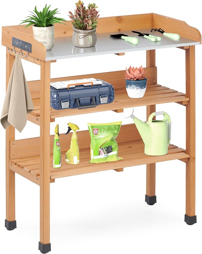 Outdoor Wooden Potting Bench Table, Garden Wood Workstation Planting Table with Metal Top, Storage Shelf, and 3 Hooks for Gardening, Light Brown