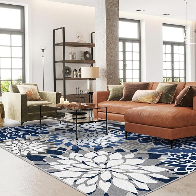 4x6 Outdoor Area Rug Washable Multicolored Patio Rug Tropical Botanical Floral Chenille Waterproof Outdoor Carpet for Living Room, Deck, Backyard, Porch, Blue