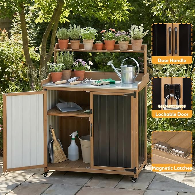 Outdoor Potting Bench with Storage, Outdoor Garden Work Table & Storage Cabinet with Adjustable Shelves, Lockable Wheels, Waterproof Metal Top Workstation for Potting, Gardening, Backyard, Patio