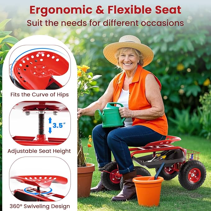 IRONMAX Garden Cart with Seat, Gardening Rolling Stool Scooter with 10’’ All-Terrain Wheels, Convenient Pull Handle & Tool Tray and Basket for Outdoor Planting (Red)