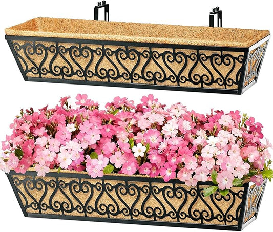 2 Pack 30 Inch Deck Railing Planter Box - Window Boxes Planters with Adjustable Brackets Coco Liners Balcony Planters Railing Hanging for Window Flower Boxes Outdoor Garden Decor