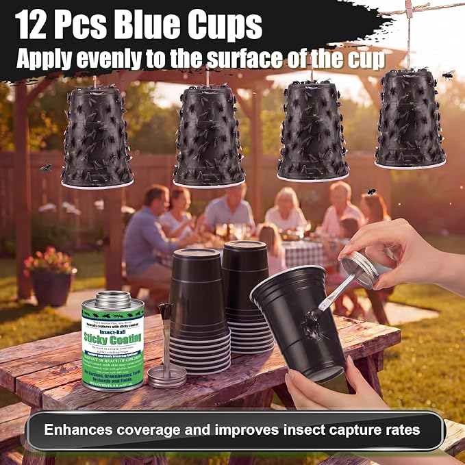 Insect Trap Sticky Coating with Brush and 12 Pcs Plastic Cups, 8 oz Insect Barrier Kit Outdoor DIY Adhesive Coating Pests for Gardens Greenhouses Orchards Plants(Biting Fly Trap Kit)