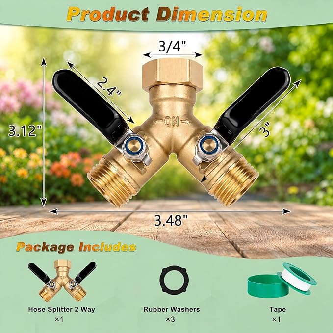 Dalmbox Garden Hose Splitter 2 Way, Brass Y Hose Connector With Long Handle Shut Off Valves, 3/4" GHT Heavy Duty Outdoor Faucet Adapter, Water spigot Splitter for Garden Watering, Lawn, Car Wash