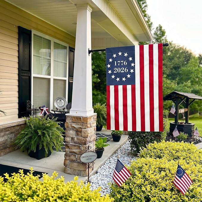 TOPFLAGS 250 Anniversary USA Flag House Flags 1776-2026 Betsy Ross Bennington Garden Flags 13 Star Colonies Double Side 28x40 Inch for Outside American Patriotic Banner