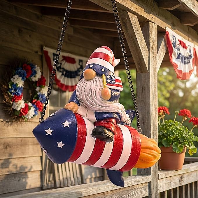 TERESA'S COLLECTIONS 4th of July Gnome Firework Decorations, Memorial Day Hanging Ornament for Home, USA 250th Anniversary Patriotic Resin Independence Day Gift for Women, Indoor Outdoor Wall Decor 8"
