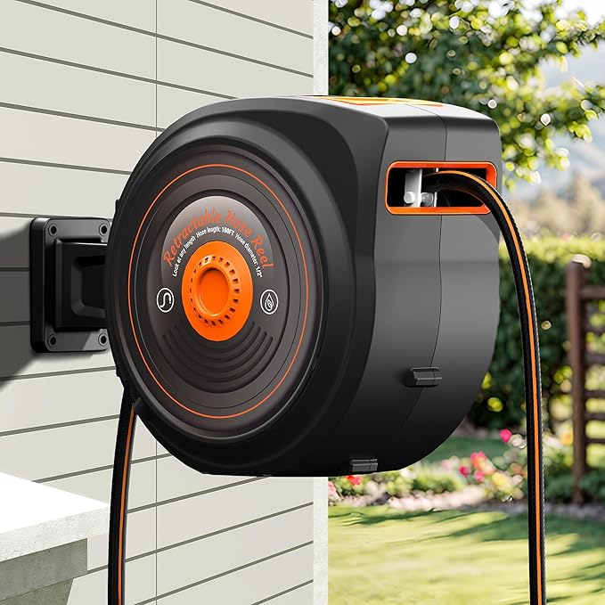 Mars Villa Retractable Garden Hose Reel 1/2 IN x 50 FT, Wall Mounted Heavy Duty Water Hose for Outside, Auto-Rewind & Any Length Lock, 180° Swivel Bracket, Slow Return, 10 Spray Patterns, UV-Resistant