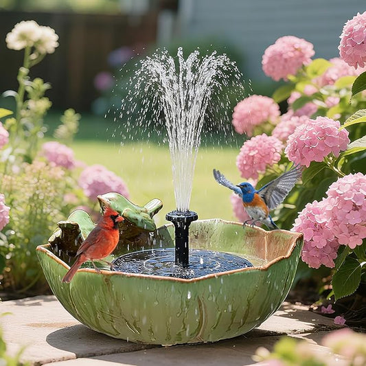 Ceramic Bird Bath for Outdoors, 10.1" Hummingbird Fountains Solar Power Ground Ceramic Bird Baths Bowl for Outside, Large Table Top Garden Décor for Patio, Yard & Home