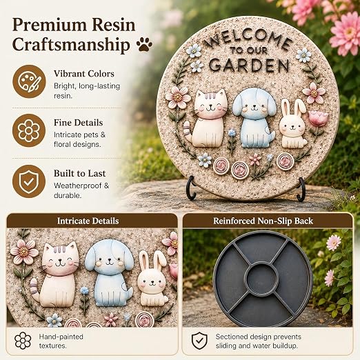 Garden Stepping Stones Outdoor, 9.8" Resin Pet Cat Dog Bunny Stepping Stone for Walkway Gardening Gifts, Spring Decorative Round Welcome to Our Garden Home Decor for Outside Yard Patio Lawn