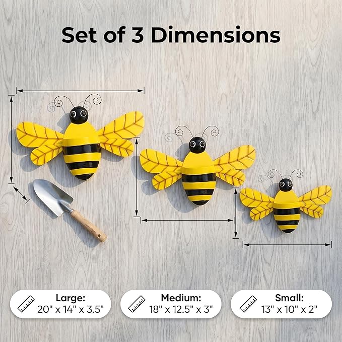 3 Pcs 20 Inch Metal Bee Wall Pocket Planter, Rustic Decorative Wall Hanging Planter for Indoor & Outdoor, Flower Plant Pot for Garden Yard Patio Balcony & Fence, Black & Yellow, Set of 3