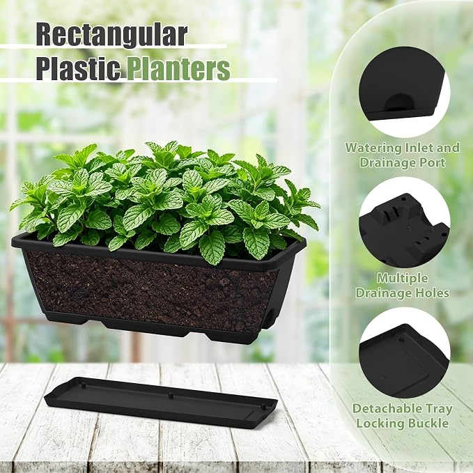 Sunexinlo 4-Pack Railing Planter Boxes with Double-Sided Adjustable Brackets, Plastic Rectangular Flower Boxes with Drainage Holes and Trays for Outdoor Balcony, Deck, Patio, Porch, Fence, Black
