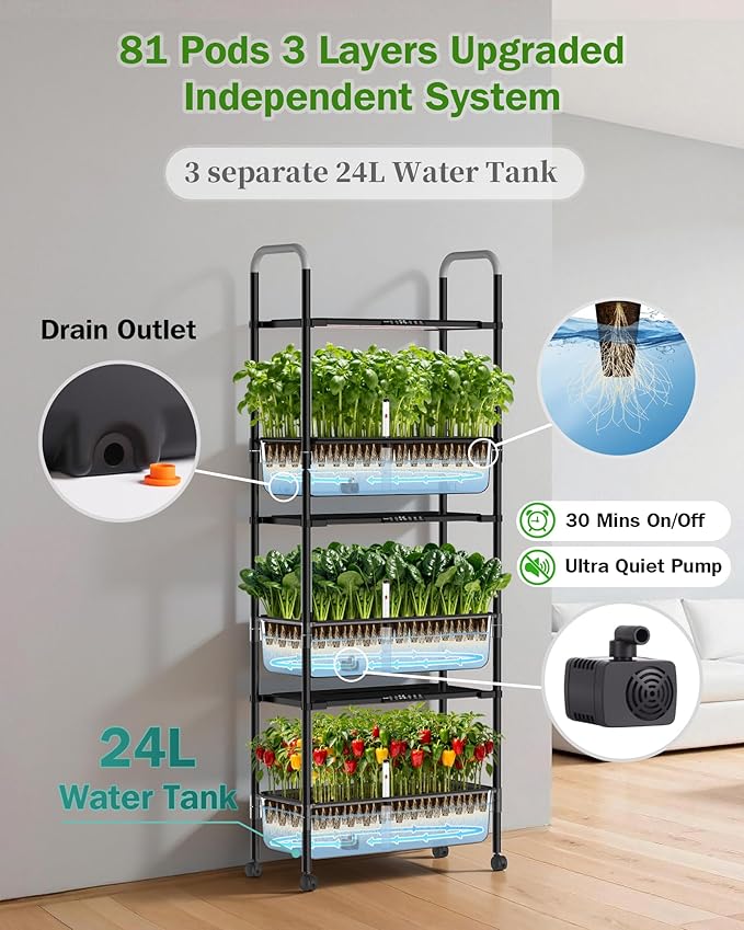 Growell Large Hydroponics Growing System Kit, 81 Pods Vertical Indoor Herb Garden Kit with LED Grow Light & Independent Water Pump, 42L Movable Indoor Planter Perfect Gardening Gifts (3 Tier-Black)