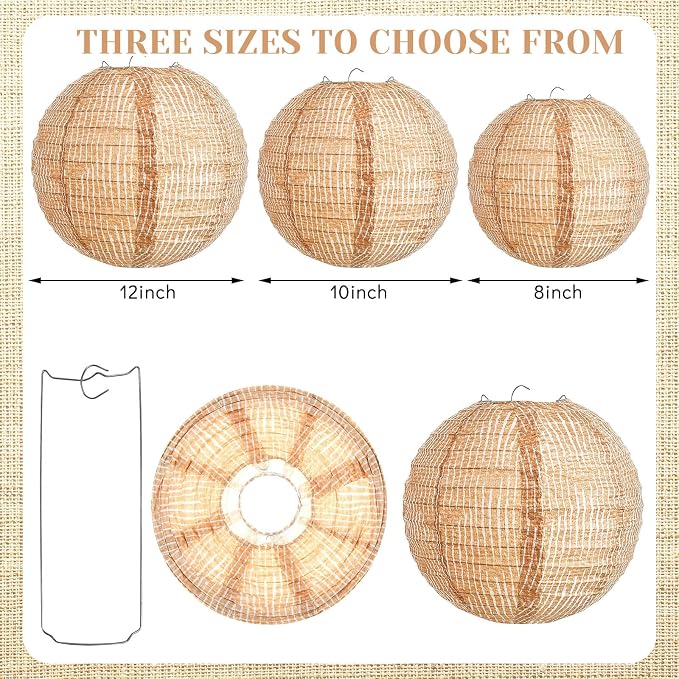 Hortsun 12 Pcs Print Burlap Paper Lanterns Round Chinese Paper Lanterns Farmhouse Boho Classroom Home Decor Classroom Sweet Birthday Party Ceremonial Event (8/10/12 Inch)