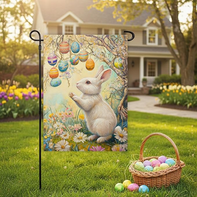 Easter Garden Flag 12x18 Inch Double Sided for Outside, Burlap Bunny Flowers Yard Flags Decor, Farmhouse Easter Floral Eggs Outdoor Holiday Decoration