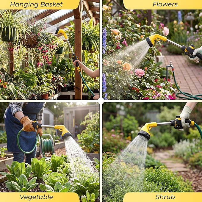 Hushee 2 Pack Garden Hose Watering Wand, 17.7 Inch Metal Watering Wand with 10 Spray Patterns and Shut Off Valve, Hose Sprayer Nozzle for Hanging Baskets Shrubs Plants Garden Lawn(Yellow)