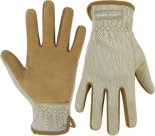 HANDLANDY Gardening Gloves for Women, Breathable Ladies Leather Garden Yard Gloves Best Gift for Gardeners