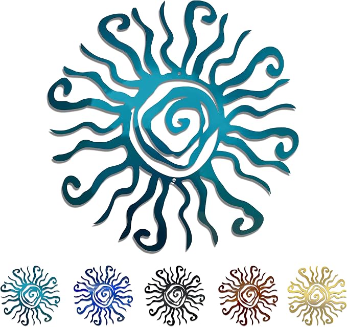 Riverside Designs Wacky Sun Metal Wall Art Indoor/Outdoor Decor - 24" Teal Rust Proof Wall Sculpture - Made in USA - Ideal for Bedroom, Garden, Home, Patio and Farmhouse