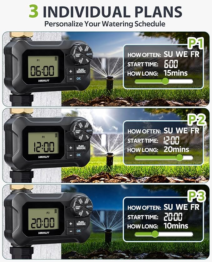 HIRALIY Water Timer for Garden Hose, Programmable Sprinkler Timer Outdoor, for Irrigation System Garden Watering, Rain Delay/Manual Mode, Brass Connector, IP65 Waterproof