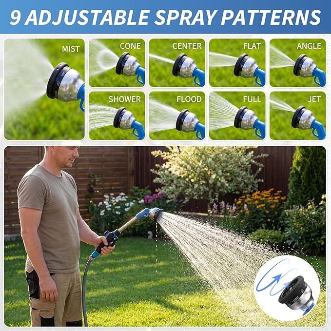 Hushee 2 Pack Garden Hose Wands 16'' Heavy Duty Metal Watering Wands with 180° Swivel Head Adjustable 9 Spray Patterns Long Hose Nozzle Sprayer Control for Hanging Baskets Tall Plants Car Wash