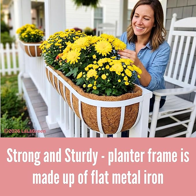 LaLaGreen Deck Railing Planter Boxes (2 Pack, 36") White Metal Extra Large Wall Hanging Planter with Coco Liner, Rectangular Window Flower Box for Outdoor Plants Deck Rail Fence Balcony Porch Patio