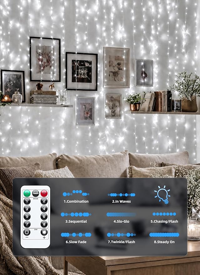 Brightown 300 LED Fairy Curtain Lights, 9.8ft x 9.8ft String Lights, USB Plug in 8 Lighting Modes Christmas String Hanging Lights with Remote for Bedroom Indoor Outdoor Party Xmas White 1 Pack