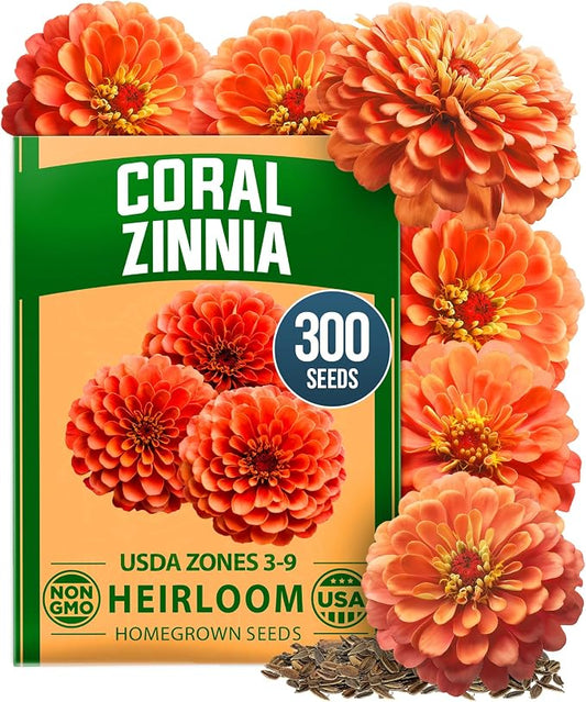 HOME GROWN Coral Zinnia Seeds (1g) – 300 Zinnia elegans Annual Flower Seeds for Planting Outdoors – Heat Tolerant Easy Summer Flowers to Plant – Herb Seed Companion for Pollinator Garden Beds for 2026