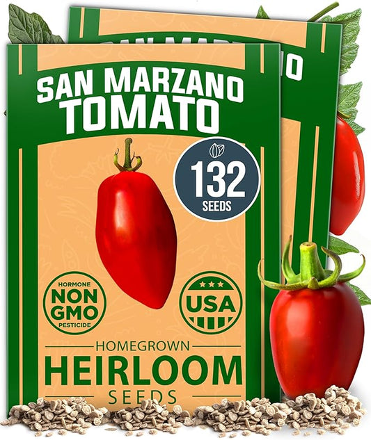HOME GROWN San Marzano Tomato Seeds 132+ Heirloom Non-GMO Seeds for Planting, High Germination, Indeterminate Roma Paste Tomato, Meaty Low Acid, Best for Sauce & Canning (Solanum lycopersicum)