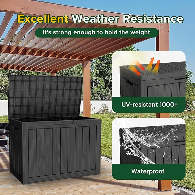 45 Gallon Outdoor Storage Box Waterproof, UV Resistant Deck Box, Lockable Resin Deck Box for Garden Tools Equipment and Cushions, Black