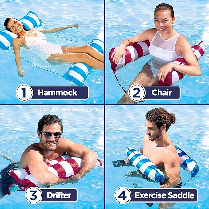 Aqua 4-in-1 Monterey Hammock Pool Float & Water Hammock, Multi-Purpose, Inflatable Pool Floats for Adults, Patented Thick, Non-Stick PVC Material, One Light Blue & One Burgundy/White Stripe, 2-Pack