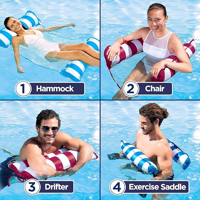 Aqua Monterey Hammock Pool Float - Three Pack - Two Light Blue & One Burgundy/White Stripe, 3-Pack