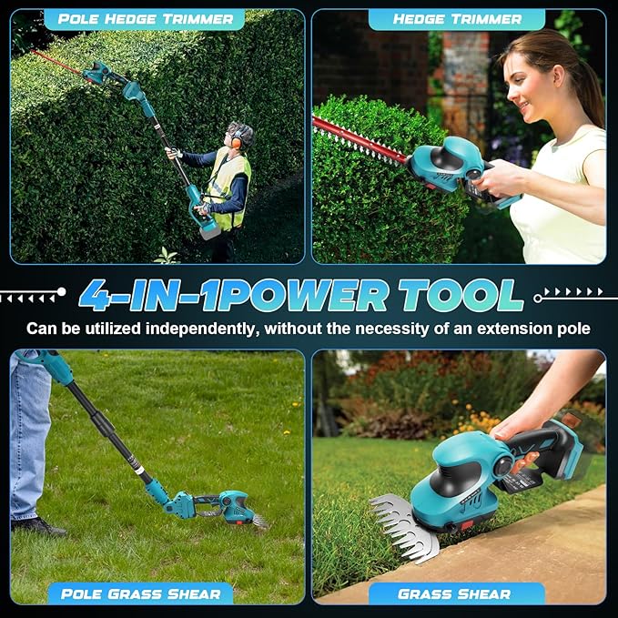 Pole Hedge Trimmer Cordless for Makita 18V Battery (No Battery), 2-in-1 Brushless 12" Hedge Trimmer and 3.9" Grass Shear with 8.5FT Extension Pole, 15Ft Long Reach for Tree Shrub Pruning