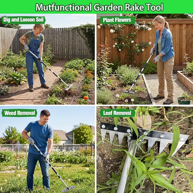 Iron Rake for Weeding, Garden Metal Rake Heavy Duty with 60 Inch Long Handle, Garden Weeding Rake Tools, 8 Tines Gardening Weed Rake Tool, Weeder Tool Weed Puller for Backyard Farm Planting Weeding