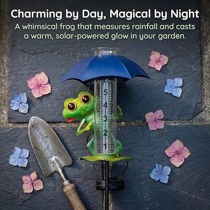 Rain Gauge Outdoor Solar Frog 7-Inch Glass Tube Rain Gauges with LED Lights for Yard Patio Garden Decor,Frog Design Decorative Weather Gauge for Garden, Yard, Lawn, Patio (Multiple Lights)