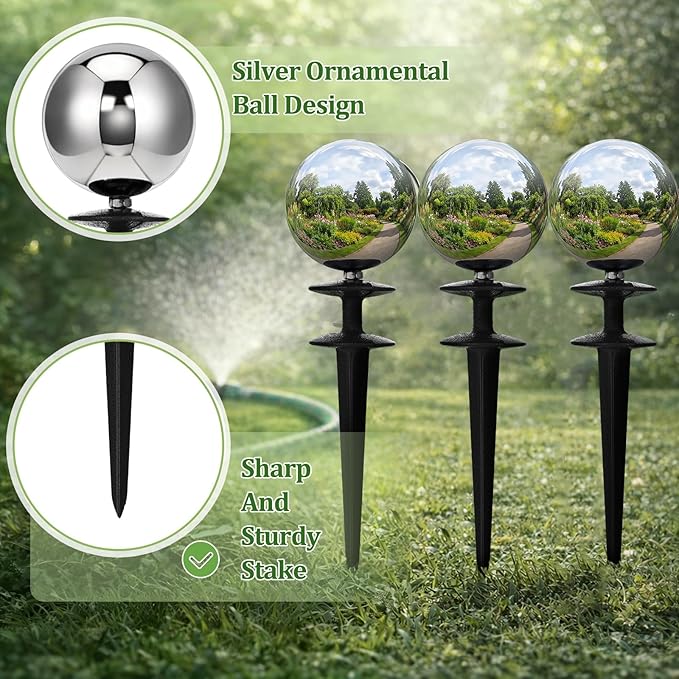 Tandefio 3 Pcs Garden Hose Guide Spike 13.5 Inch Ball Heavy Duty Water Hose Guard Roller Spike Decorative Cast Iron Metal Stakes Protector for Flower Bed Plant Protection Outside Yard Lawn (Silver)