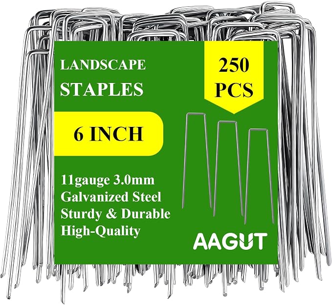 AAGUT Garden Stakes Pins, Landscape Staples 250 Pack 6 Inch 11-Gauge Galvanized Lawn Stake for Dog Fence, Weed Barrier Fabric, Ground Cover, Irrigation Tubing Soaker Hose, Chicken Wire