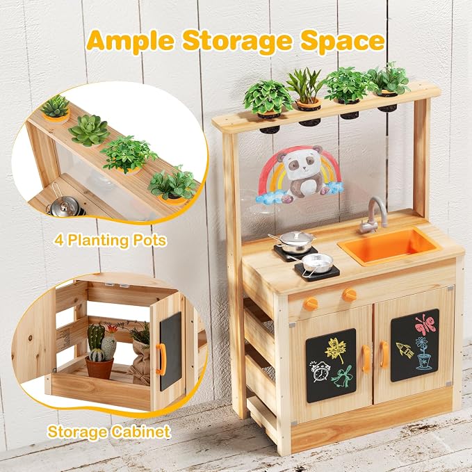 Costzon Mud Kitchen, Fir Wood Outdoor Play Kitchen with 4 Planting Pots, Stoves, Removable Sink, Acrylic Panel, Chalkboards & Accessories, Kids Kitchen Playset for Backyard Garden, Gift for Boys Girls