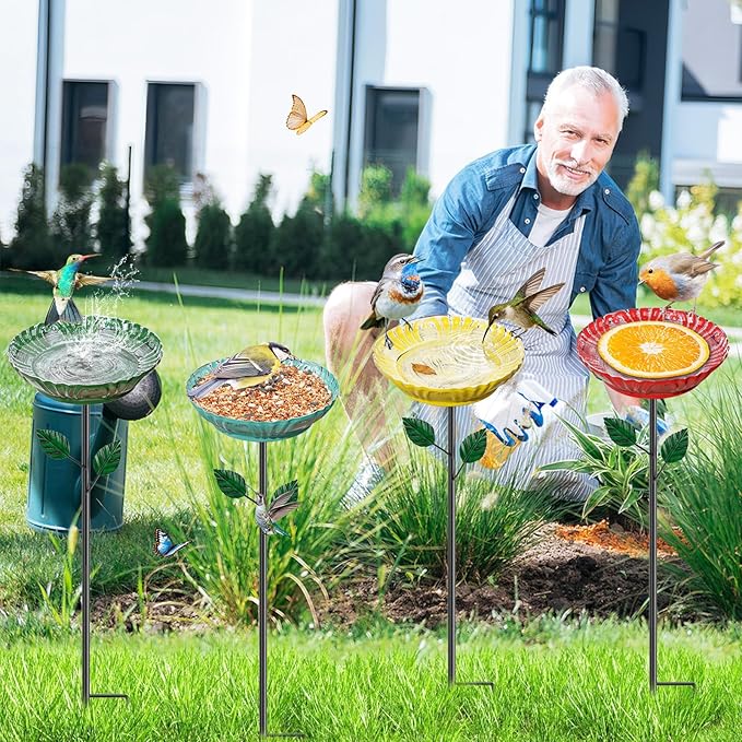 4PCS Flower Bird Baths for Outdoors —5.7" Metal Hummingbird Bath with Adjustable Stake, Colorful Garden Birdbath Decor Set for Outside Yard Lawn Patio(4PCS Herbacin)