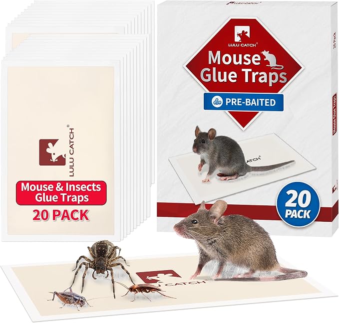 LULUCATCH Mouse Traps, 20 Pack Pre-Baited Sticky Mouse Traps Indoor for Home, Non-Toxic Bulk Sticky Pads, Glue Traps for Rats, Bugs, Spider, Mice, Cockroach, Pet Safe, Easy to Use