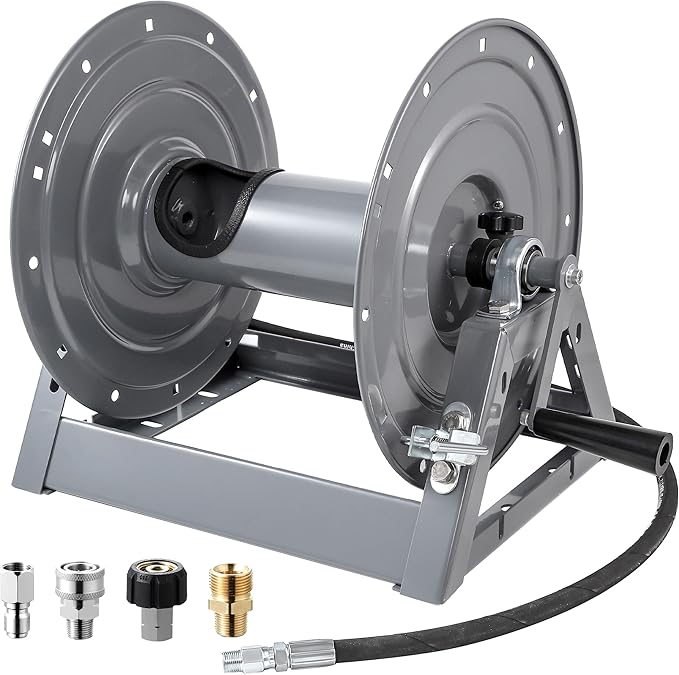 FIXFANS Pressure Washer Hose Reel, 300FT x 3/8" Heavy Duty Hose Reel, Manual Crank Power Washer Hose Reel with M22 Fitting, Wall/Floor/Truck Mounted, 4000 PSI
