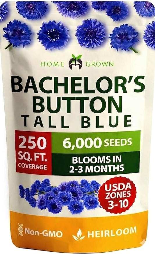 HOME GROWN Bachelor Button Seeds Tall Blue - 6000 Cornflower, Stunning Blue Blooms for Wildflower Gardens, Non-GMO Flowers & Pollinator-Friendly Spaces, Low Maintenance Flower Seeds (Centaurea cyanus)