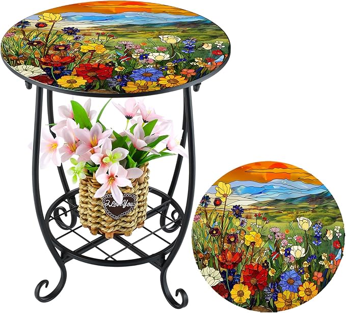 Cinnvoice Outdoor Side Table Round Small Mosaic Patio Accent Indoor End Plant Coffee Tea Table for Yard Patio Porch Garden Living Room, Bedroom(Sunset Wildflowers Style,12 Inch)