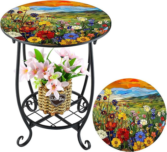 Cinnvoice Outdoor Side Table Round Small Mosaic Patio Accent Indoor End Plant Coffee Tea Table for Yard Patio Porch Garden Living Room, Bedroom(Sunset Wildflowers Style,12 Inch)